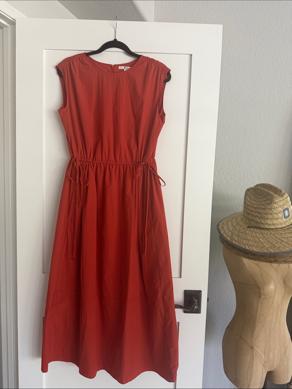 Uniqlo Coral-Red Sleeveless Drawstring Maxi Dress